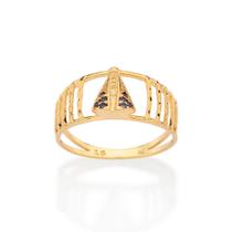 Anel rommanel feminino banhado ouro 18k nossa senhora aparecida religioso cravejado pedra zirconia azul 513514