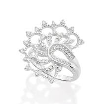 Anel rommanel prata 925 feminino grande maxi meia flor lótus pedra zircônia 810313