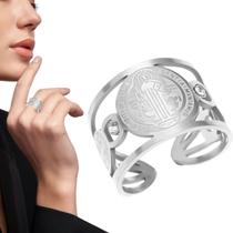 Anel São Bento Protetor Prateado Strass Ajustável Anel São Bento Protetor Prateado Strass Ajustável