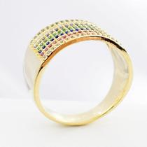 Anel Sete Alianças com Zircônias Coloridas Banhado em Ouro 18K Anel Sete Alianças com Zircônias Coloridas Banhado em Ouro 18K