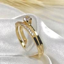 Anel solitário + anel aparador noivado alta camada de ouro com garantia