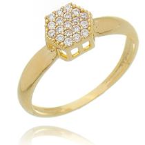 Anel Solitário Dourado Banhado em Ouro 18k Com Zircônias