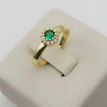 Anel Solitário Flor Zircônia Esmeralda e Cristal Banhado a Ouro