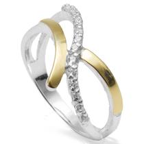 Anel Solitário Meia Aliança Prata 925 Zircônias e Ouro Anel Solitário Meia Aliança Prata 925 Zircônias e Ouro