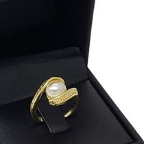 Anel Solitário Pérola Aro Diagonal Desenho Banho De Ouro 18k 3049