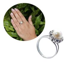 Anel Solitário Pérola Com Halo 12 Diamantes Ouro Branco 18k 15