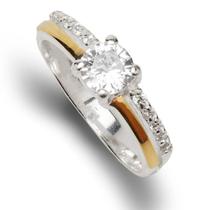 Anel Solitário Prata Com Aplique em Ouro 14 K e Zircônias Anel Solitário Prata Com Aplique em Ouro 14 K e Zircônias