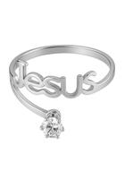 Anel Solitario Prata Jesus 2mm Pedra Branca Reto Brilhante