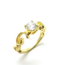 Anel Solitário Zirconia Com Aro Decorado Banho Ouro 18k 3045