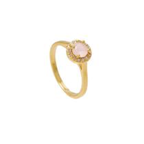 Anel topo ovalado com cristal rosa e micro zircônias Folheado em Ouro 18K