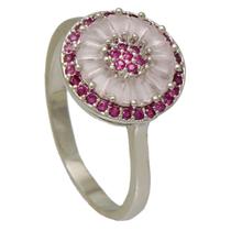 Anel Topo Redondo com Cristais Rosa Softjoias Folheado em Ródio Branco