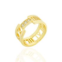 Anel Trabalhado Números Romanos e Zircônias Banhado a Ouro