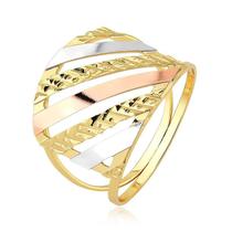 Anel Três Cores com Faixas Diagonais Folheado a Ouro 18k