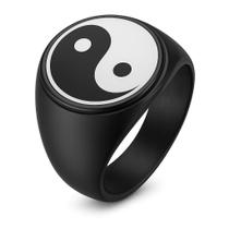 Anel Yin Yang Masculino Titânio Preto Sinete Quadrado Aço