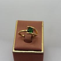 Anel Zirconia Colorida Verde com Dois Filetes Banhado a Ouro 18K
