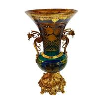 Ânfora Cristal Azul Lapidado Âmbar Alças e Base Bronze Luxo