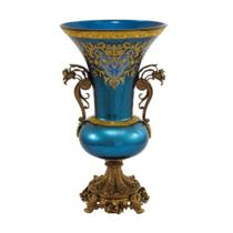 Ânfora Cristal Azul Ouro Prensado Alças e Base Bronze Luxo