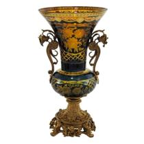 Ânfora Cristal Verde Lapidado Âmbar Alças e Base Bronze Luxo
