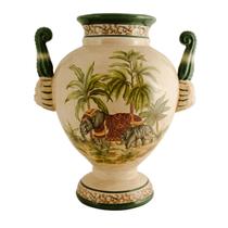 Ânfora em cerâmica Craquelê com pintura de elefantes, coqueiros e natureza