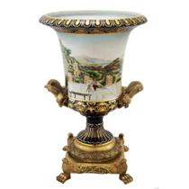 Ânfora Vaso Luxo Porcelana e Metal c Alças e Pés Design Luxo