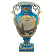Ânfora Vaso Porcelana Azul Ouro Prensado Alças Luxo