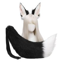 Animal Wolf Ears Headbands Fluffy Tail Set Cosplay Vestir adereços de cabelo de Halloween - Preto e branco