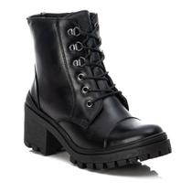 Ankle Boot Coturno Couro Bota Feminina Salto Médio Tratorado Cano Curto Amarração Zíper Lateral Casual