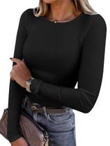 ANRABESS Blusa Feminina Justa de Manga Longa em Malha Canelada Preta M ANRABESS Blusa Feminina Justa de Manga Longa em Malha Canelada Preta M