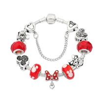 Antigo Castelo De Prata Coração Minnie Mickey Charme Pulseira Cristal Rosa Para Mulheres Meninas Dos