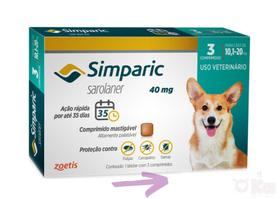 Antipulgas e Carrapatos Simparic 40mg para Cães 10,1 - 20kg - 3 comprimidos - Zoetis