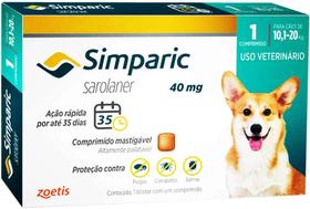 Antipulgas Zoetis Simparic 40 Mg para Cães 10,1 A 20 Kg - 1 Comprimido Antipulgas Zoetis Simparic 40 Mg para Cães 10,1 A 20 Kg - 1 Comprimido