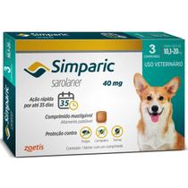 Antipulgas Zoetis Simparic 40mg para Cães 10,1 a 20 Kg - 3 Comprimidos Antipulgas Zoetis Simparic 40mg para Cães 10,1 a 20 Kg - 3 Comprimidos