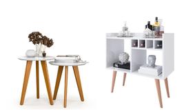Aparador Buffet Bar com Adega Rubi + Conjunto de Mesas Apoio e Lateral Maju New Branco Aparador Buffet Bar com Adega Rubi + Conjunto de Mesas Apoio e Lateral Maju New Branco