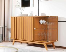 Aparador Buffet Ripado Sala Açaí 3 Portas com Pés de Madeira com Vidro Nature - Rede Móveis