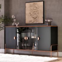 Aparador Buffet Sala Esmeralda 160cm Com Portas de Vidro Preto com Freijó - Rede Móveis