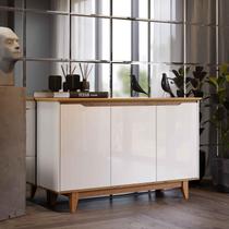 Aparador Buffet Sala Flow 3 Portas com Pés de Madeira OffWhite com Freijó- Rede Móveis