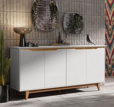 Aparador Buffet Sala Flow 4 Portas com Pés de Madeira Branco com Freijó - Rede Móveis