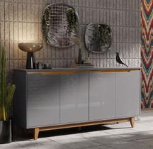 Aparador Buffet Sala Flow 4 Portas com Pés de Madeira Cinza com Freijó - Rede Móveis