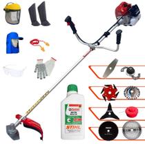 Aparador de Grama Kawashima BCJ620-L À Gasolina 62cc 10.000rpm 3HP Com Carretel + Facas 2 Pontas, 3 Pontas, 6 Pontas, Disco 40 Dentes, Disco 80 Dentes, Trimmer e Escova de Aço + EPI + ÓLEO STIHL 2T