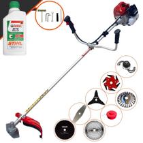 Aparador de Grama Kawashima BCJ620L À Gasolina 62cc 10.000rpm 3HP Com Carretel + Facas 2 Pontas, 3 Pontas, 6 Pontas, Lâmina 40 Dentes Vídea, Lâmina 80 Dentes, Trimmer e Escova de Aço + ÓLEO STIHL