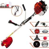 Aparador de Grama Kawashima KW43L À Gasolina 2T 43cc 1,7HP 10.000rpm 8 Em 1 Com Carretel Nylon + Facas 2 Pontas, 3 Pontas, 6 Pontas, Lâmina 40 Dentes Vídea, Lâmina 80 Dentes, Trimmer e Escova de Aço