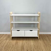 Aparador de Madeira Pinus Linea de 4 Prateleiras Ample com 2 Gavetas Branco e Natural