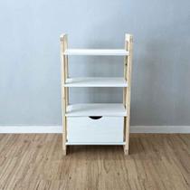 Aparador de Madeira Pinus Linea de 4 Prateleiras Slim com Gaveta Branco e Natural Aparador de Madeira Pinus Linea de 4 Prateleiras Slim com Gaveta Branco e Natural