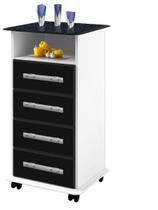 Aparador gaveteiro aç 4 gavetas com rodinhas balcão cor branco com preto marmorizado