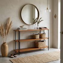 Aparador Industrial Aberto Com 3 Prateleiras em Madeira Maciça Balcão Corredor Cozinha Sala De Jantar