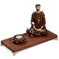 Aparador madeira rustico são francisco meditando e castiçal flor de lotus