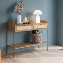 Aparador oslo 2 gavetas palhinha base metal dourada mdp hanover - artesano