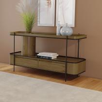 Aparador Sala de Jantar Cachepot em Madeira Maciça Castanho 2 Gavetas Estrutura Metal Preto