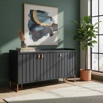 Aparador Trendy 160cm MDP Portas Ripadas Puxador Couro Pés Aço Carbono Moderno