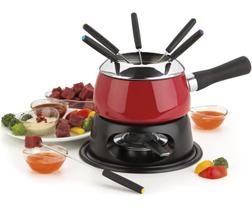 Aparelho De Fondue Esmaltado Cervinia 12 peças Vermelha 1,4 Litros Para Chocolate Queijo Carnes Com Óleo Kit Conjunto Serviço Mesa Servir